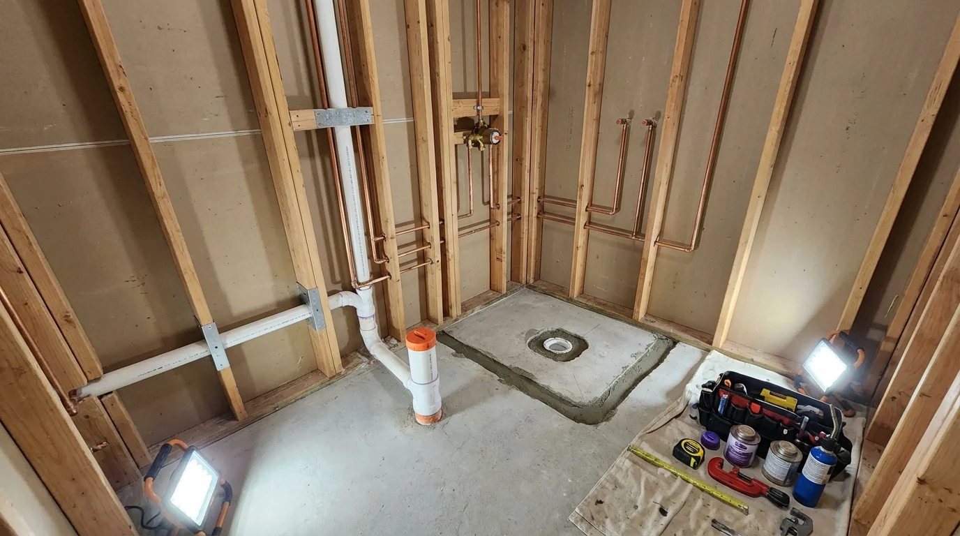 Bathroom rough-in plumbing during remodel by Johns Plumbing LLC in Rosenhayn