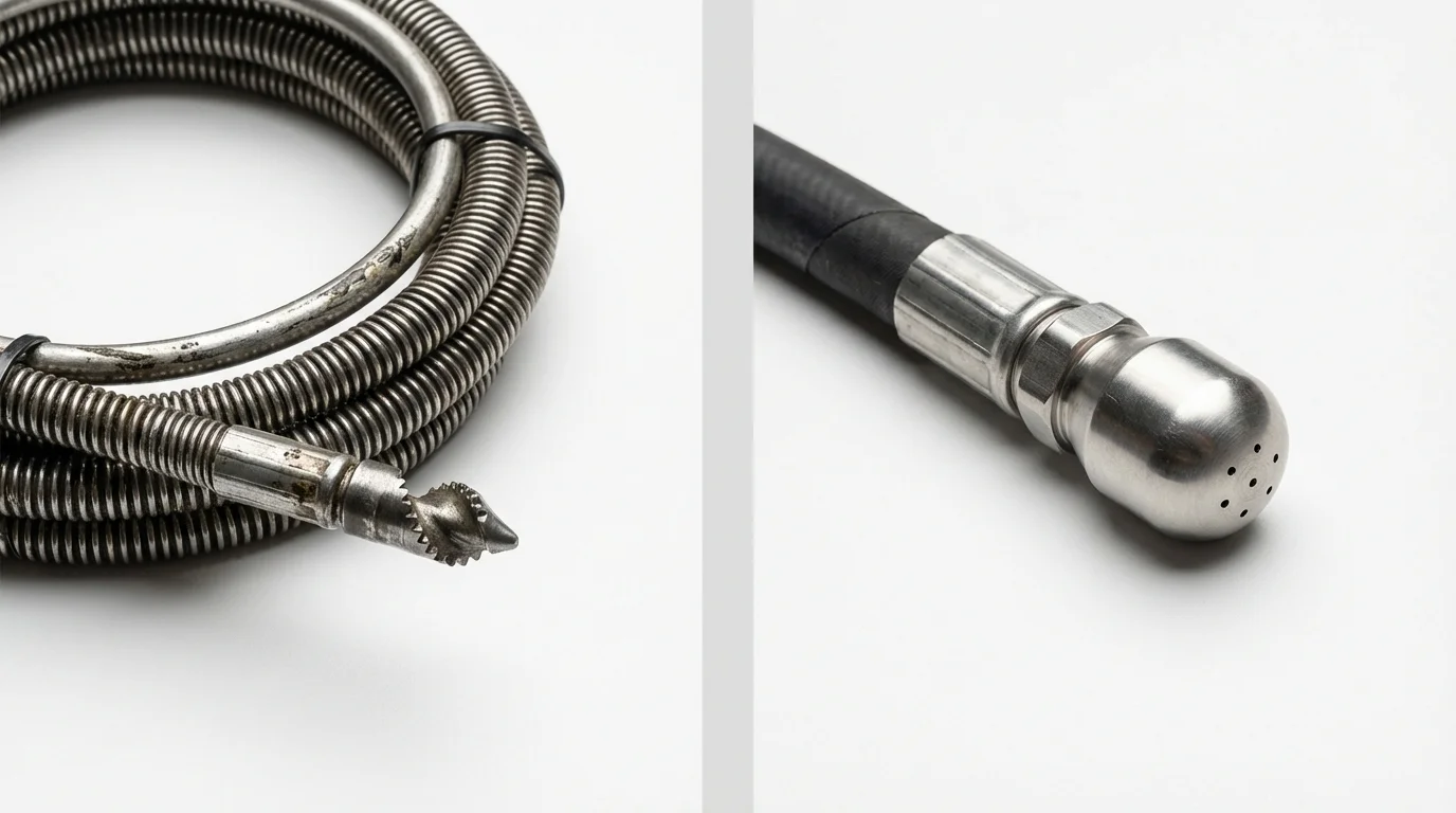 Drain snake cable and hydro jetting nozzle used for drain cleaning in Rosenhayn, NJ