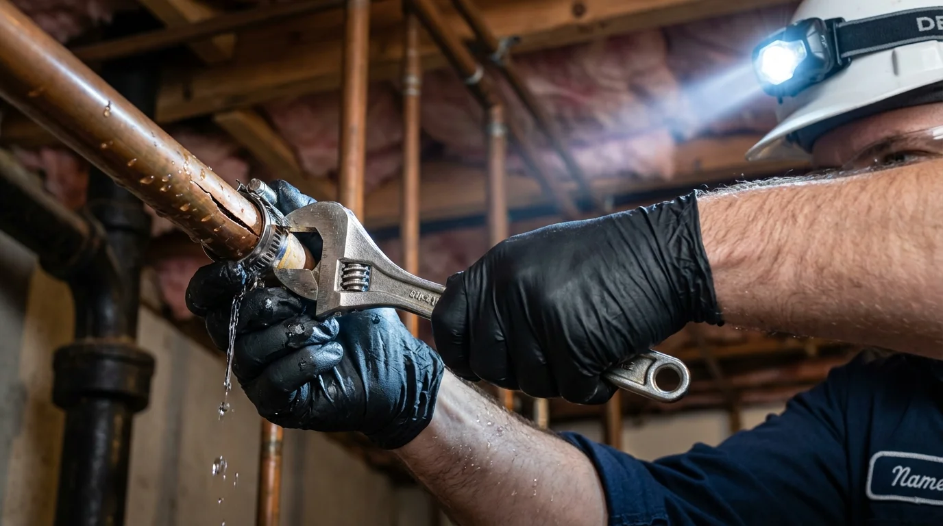 Emergency pipe clamp repair being performed by a Johns Plumbing LLC plumber in Rosenhayn