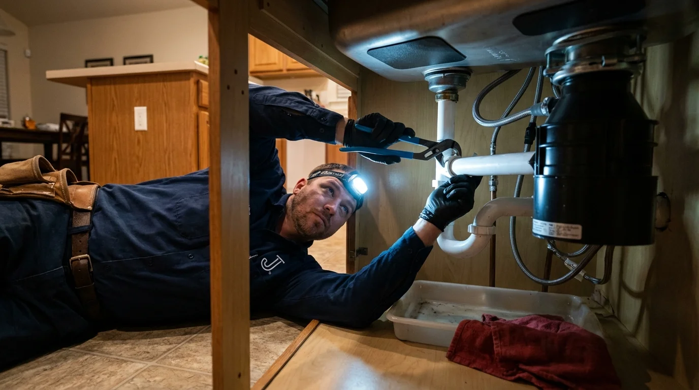 P-trap and supply line connections under a kitchen sink showing a common leak point in Rosenhayn, NJ